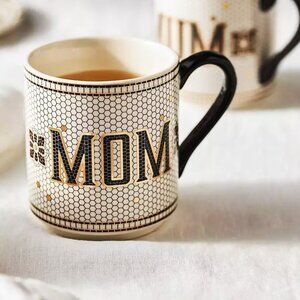 Anthropologie Bistro Tile Mug "MOM" 24K Gold Decaled Glazed Stoneware 14.75 oz